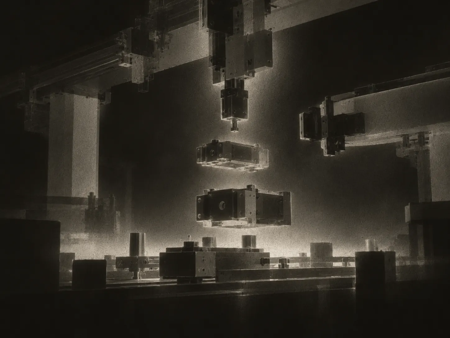 Concept art of an automated electromechanical production line